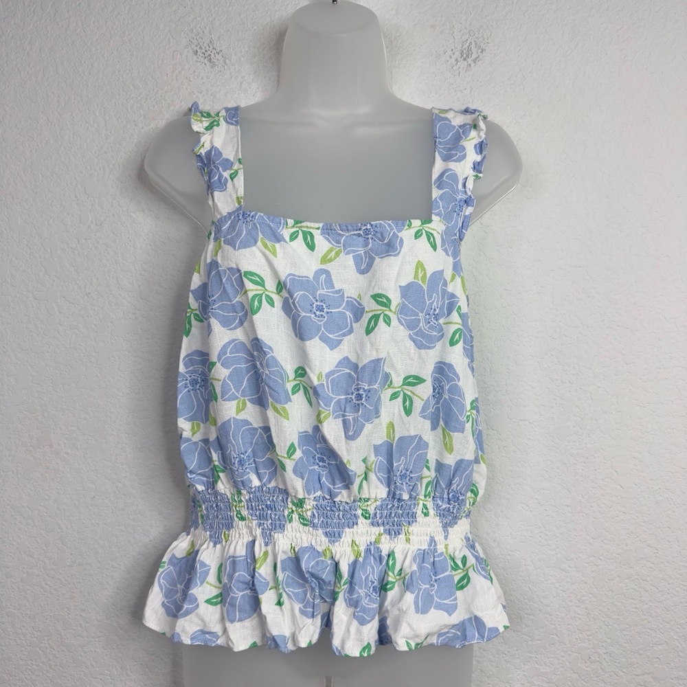Draper James Shirt Women L Floral Smocked Peplum Ruffle Cottage Coastal Romantic